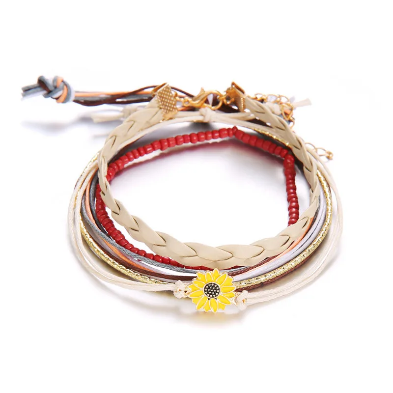 

Simple Creative 5 Piece Set of Leather Cord Flower Bracelet for Women