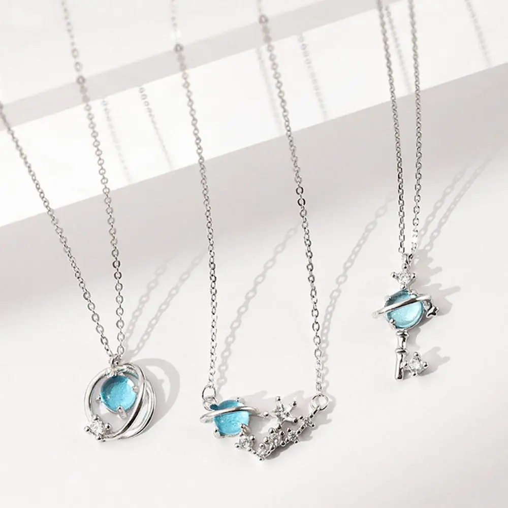 High quality silver plated universe planet pendant necklace magic star saturn blue crystal zircon Clavicle Chain Choker |