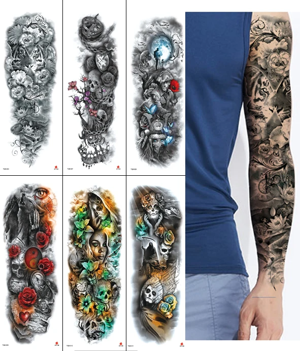 

Водонепроницаемые временные фальшивые татуировки, наклейка, полная татуировка на руку часы с лотосом, тигр, роза, флеш-тату, большой полный ...