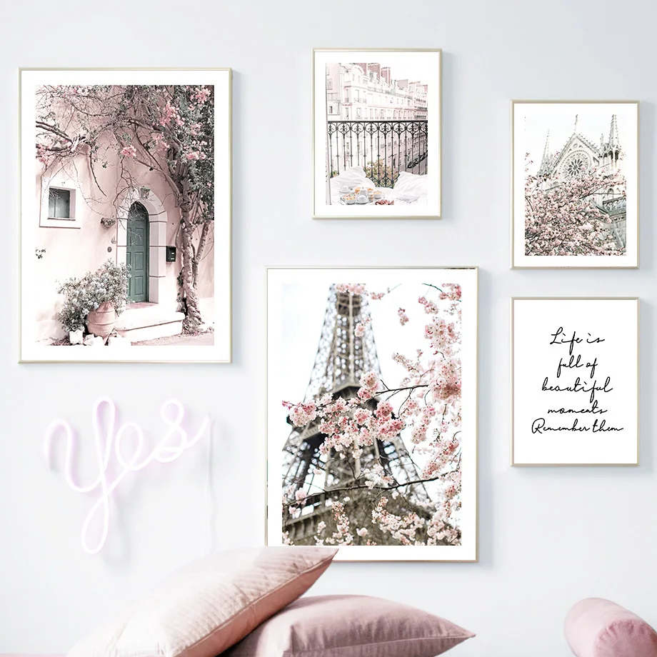 

Pink Paris Tower Building Door Flower Wall Art Canvas Painting Nordic Posters And Prints Wall Pictures For Living Room Decor