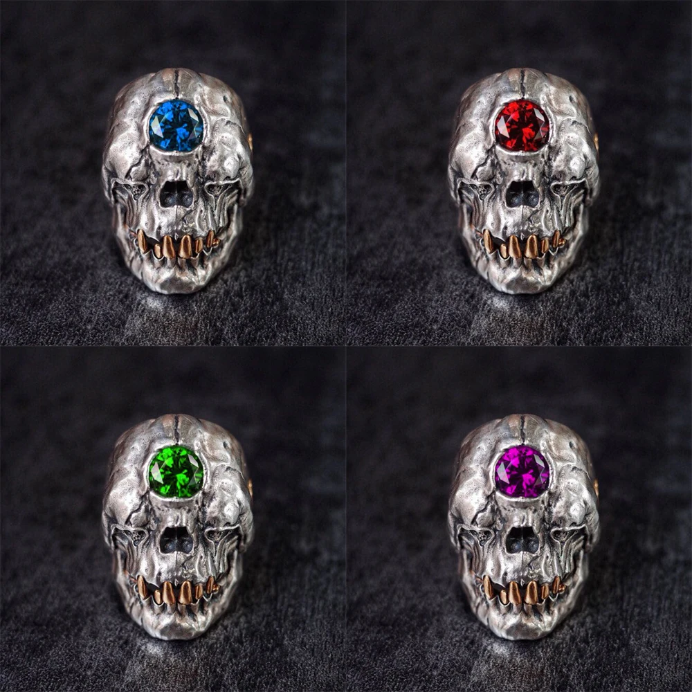 

Unique Cyclops Vampire Skull Ring Red Blue Cz Crystal on The Forehead Gothic Punk Men's Stainless Steel Rock Biker Jewelry