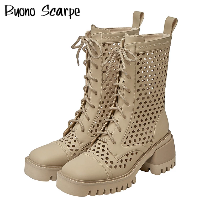 

Women's Summer Boots Chunky Heel Hollow Out Boots Platform Casual Walking Botas Mujer Cross Tied Short Booties Ladies Ankle Boot
