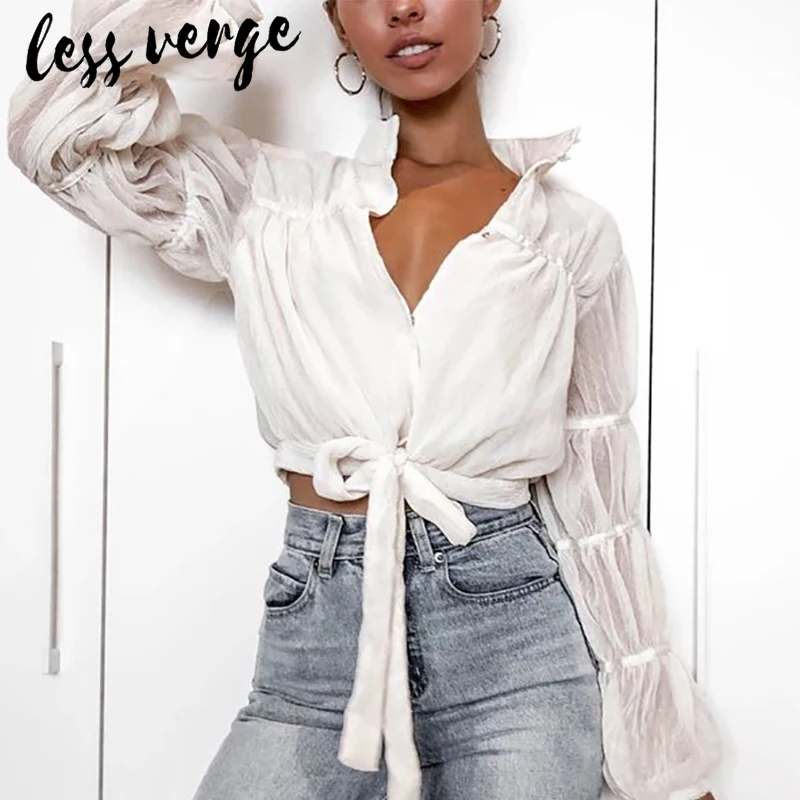 Lessverge Boho льняная шифоновая белая блузка Топы офисные женские рубашки с длинным