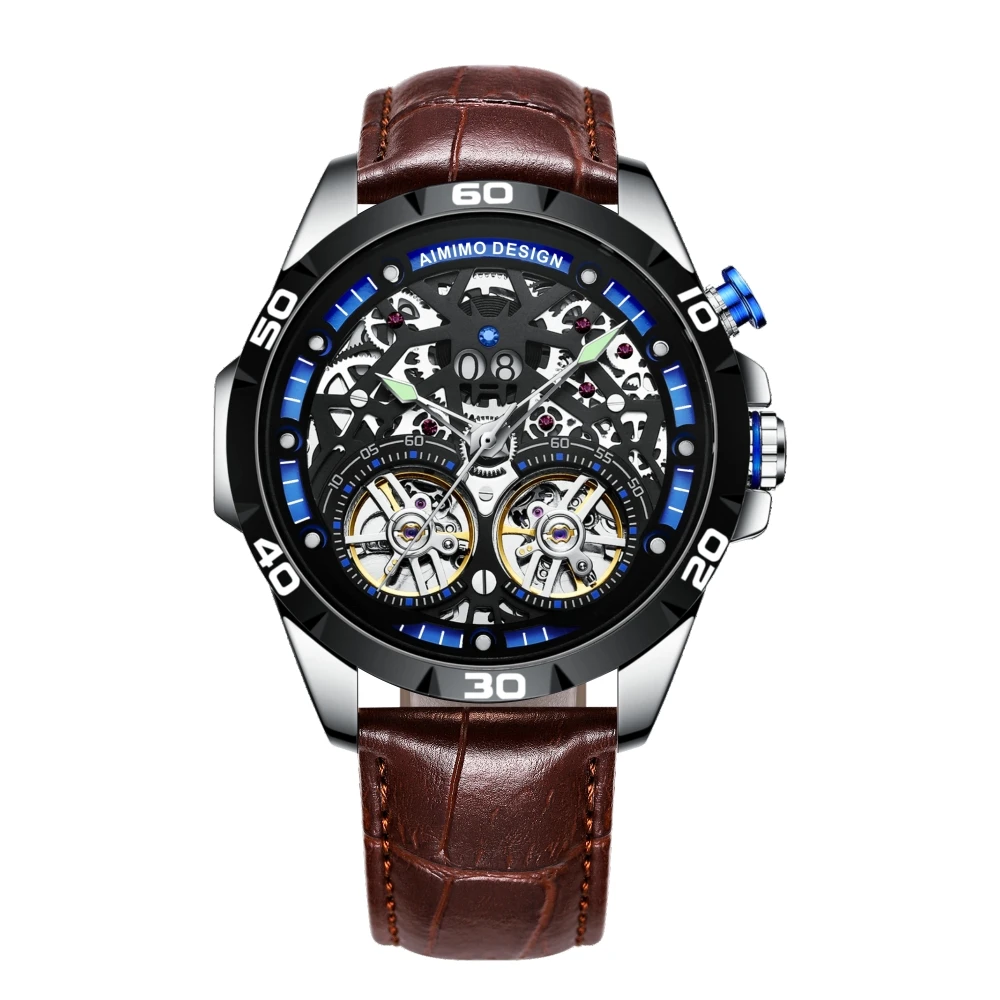 AIMIMO DESIGN Men's Watch Double tourbillon Automatic Hollow out Machine Watches Men Luminous Waterproof 30M Clock Relogio | Наручные