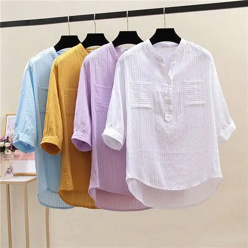 

100% cotton blouse women shirt 2020 spring summer half sleeve V-Neck streetwear casual haut femme blusa womens tops and blouses