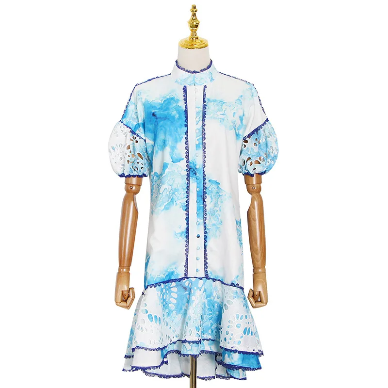 

Blue tie-dyed summer new loose collar women's short double flounce stitching printing and dyeing dress