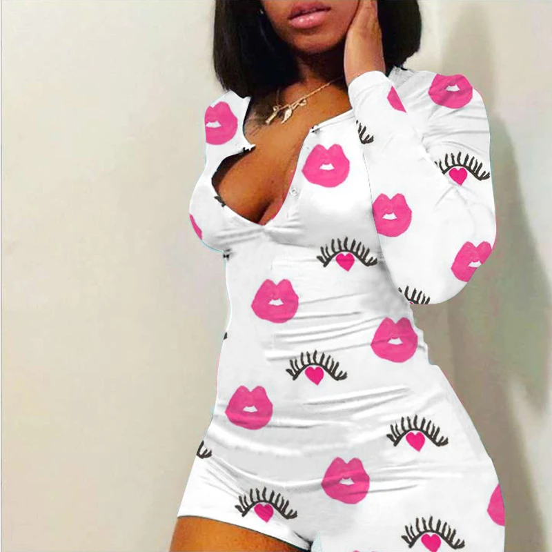 Комбинезон женский с длинным рукавом пикантная ночная рубашка принтом губ шорты