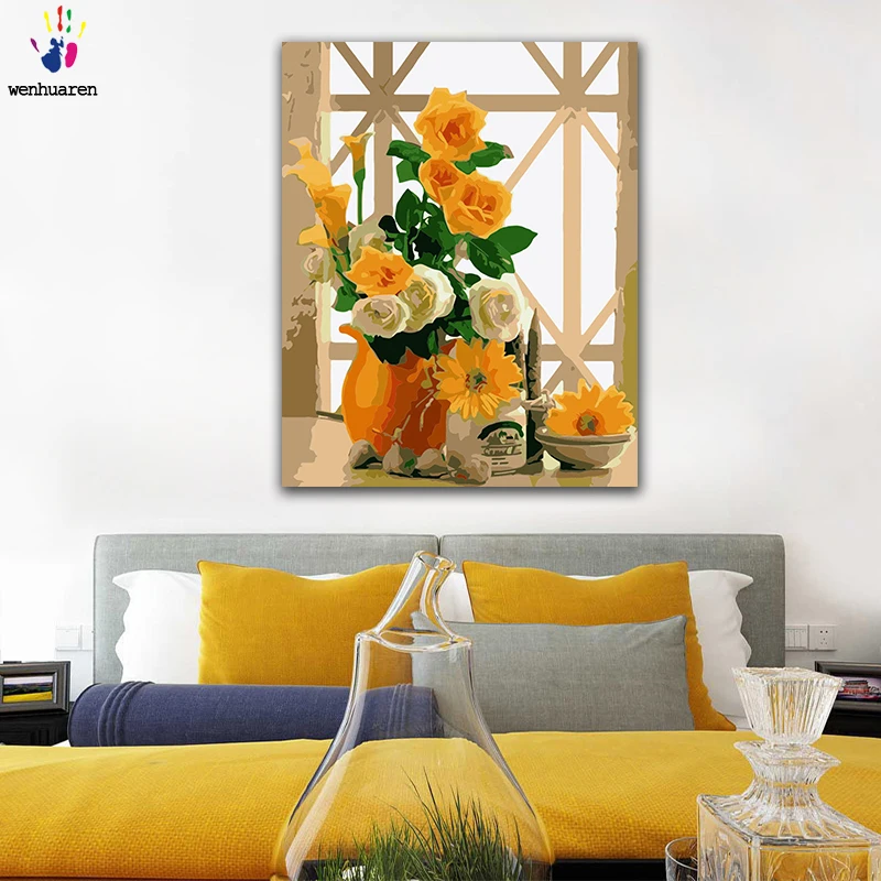 DIY картинки для раскраски по номерам с цветами Желтая роза и белая Роза картина