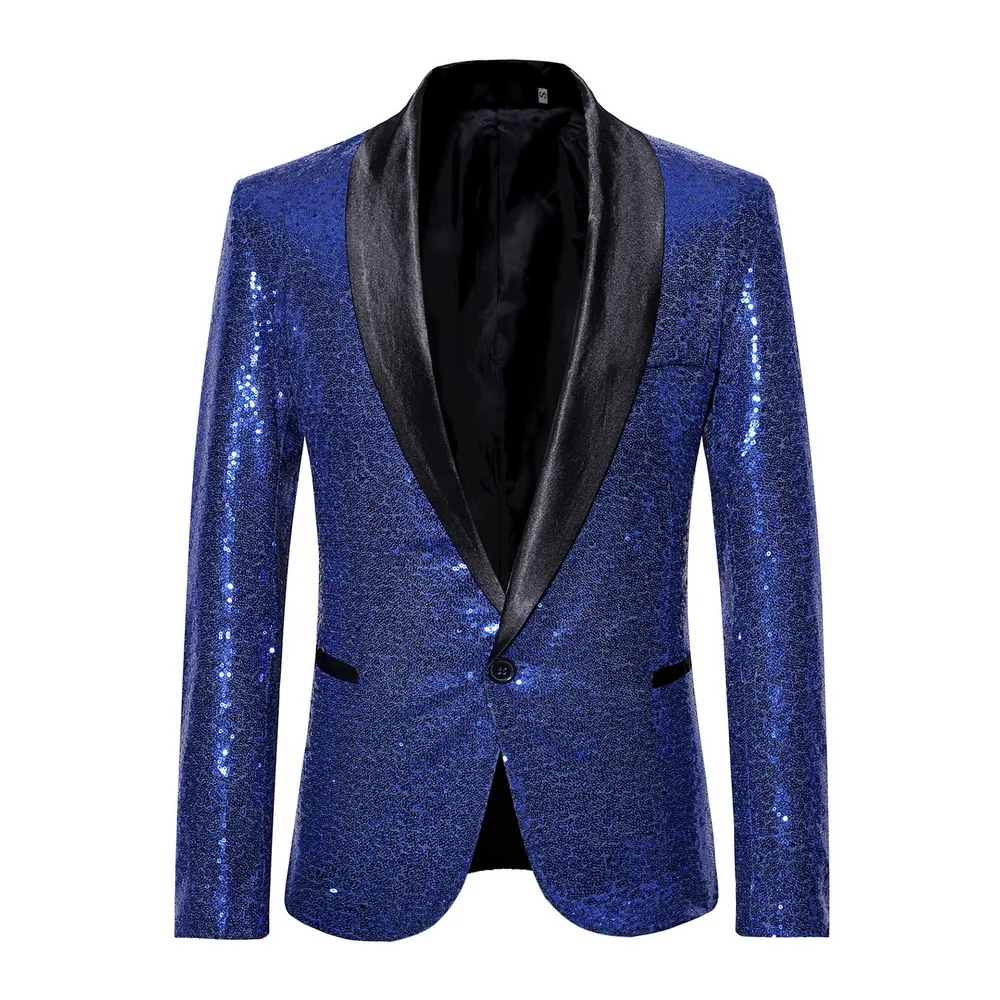 MJARTORIA Shiny Gold Sequin Bling Glitter Blazer Men New Shawl Collar Club DJ Mens Blazer Jacket Stage Clothers for Singers - Цвет: Sapphire Blue