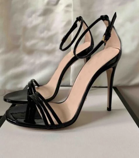 

Moraima Snc Black Patent leather High Heel Shos Summer Sexy Peep Toe Ankle Strap Gladiator Sandals Party Dress Shoes