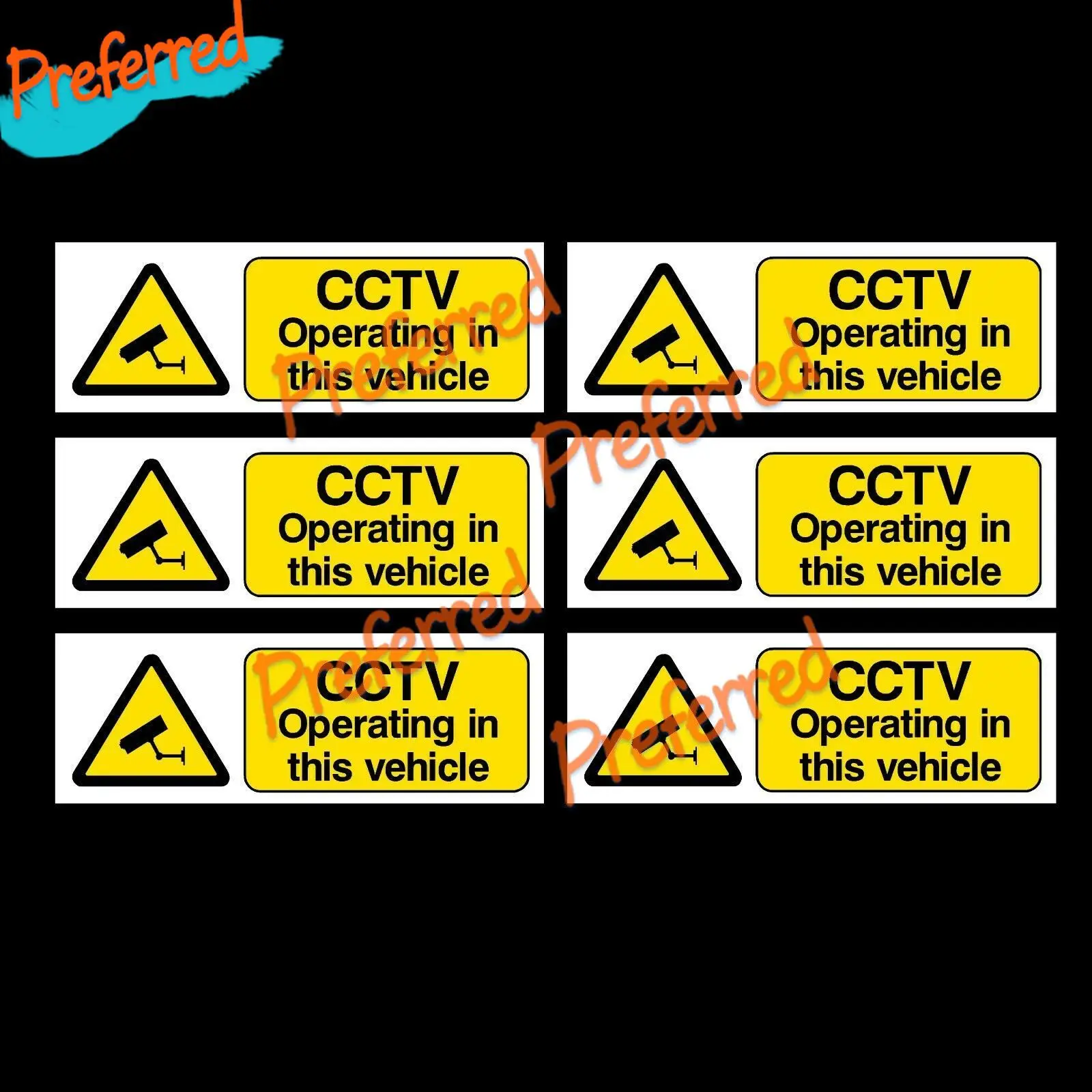 

6x CCTV, работающих в этом транспортном средстве-100x35 мм Самоклеящиеся наклейки-автомобиль, безопасность такси, наблюдение
