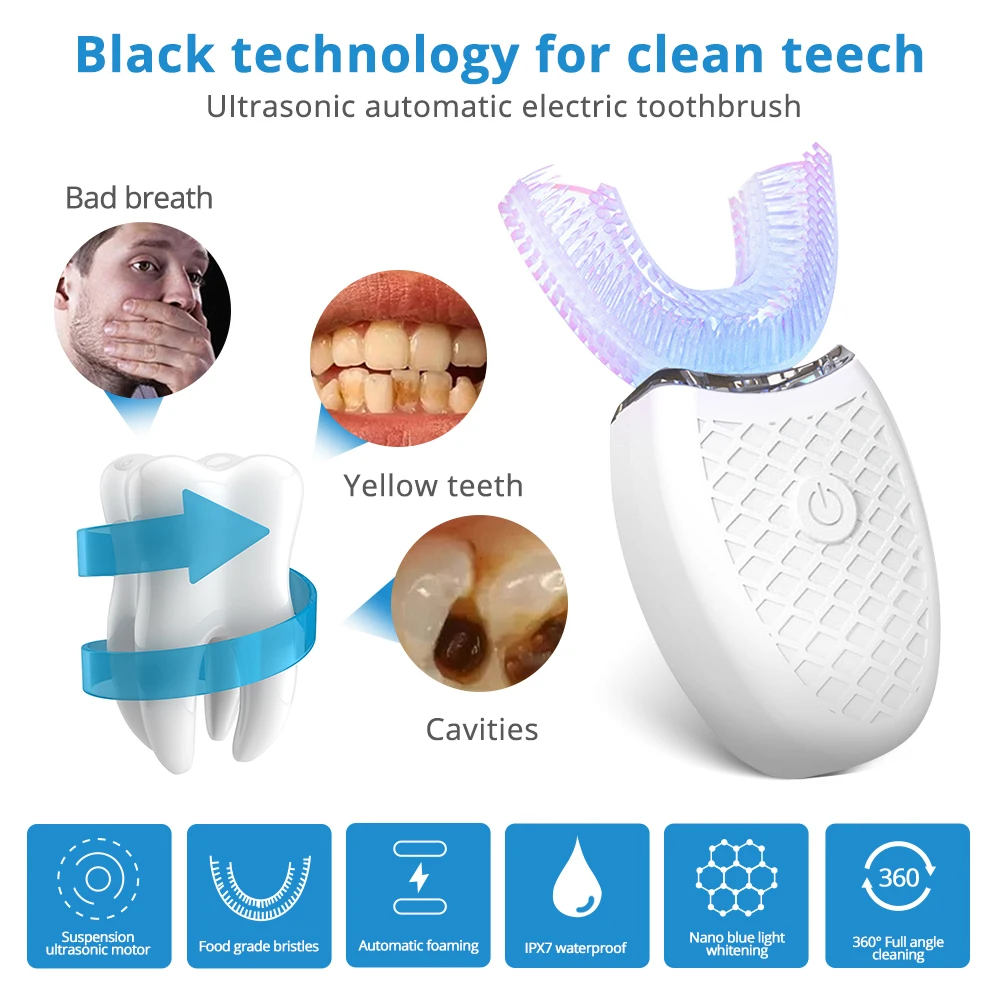 

LSJHA Electric Sonic Automatic Toothbrush Adults Mouth 360 Degrees U Type ABS 4 Modes Ultrasonic Electric Lazy Toothbrush