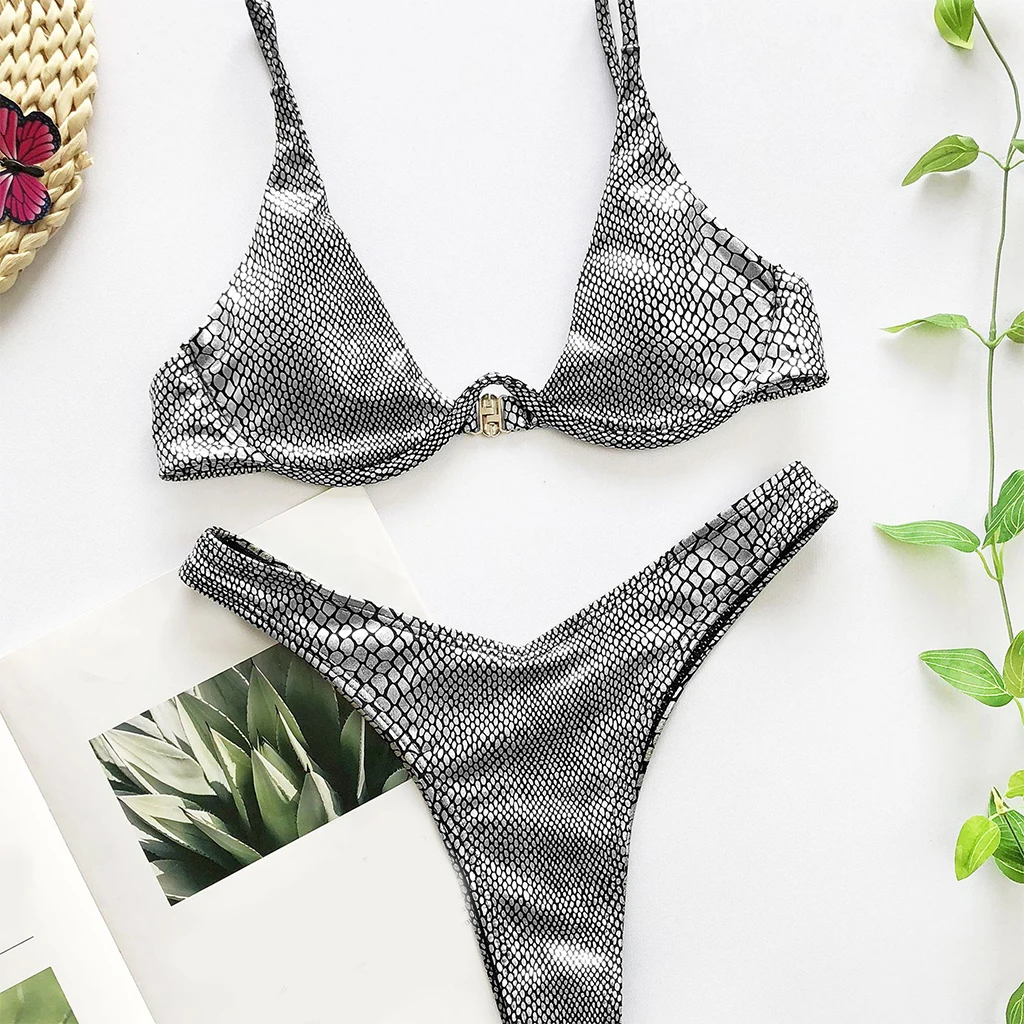 

Women Summer Sexy Brazilian Bikini Set Holographic Shiny Metallic Swimsuit Push Up Padded Underwire Triangle Bathing Suit