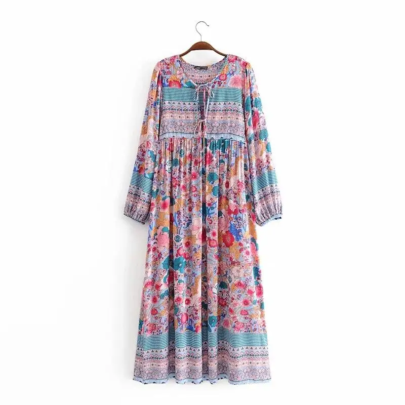 Модное универсальное женское богемное длинное платье с длинным рукавом и V