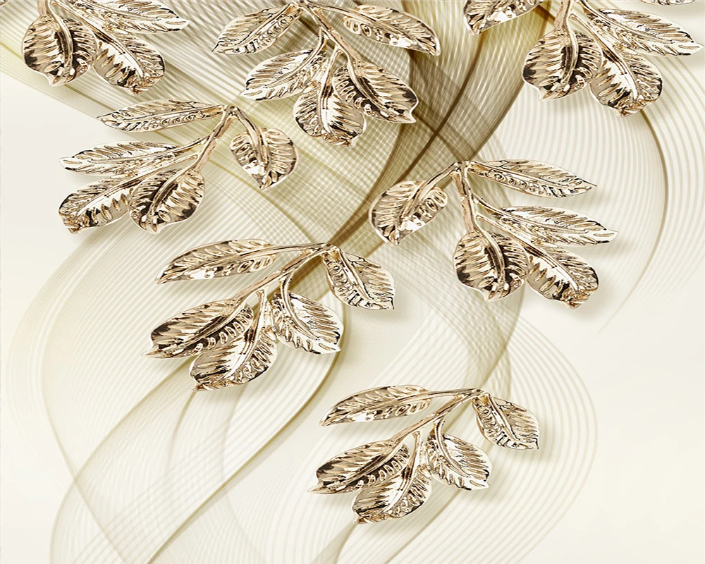 

Custom Luxury 3d Wallpaper 3d Mural Wallpaper Soft Lines and Golden Leaves HD Digital Printing Moisture-proof Wallpaper