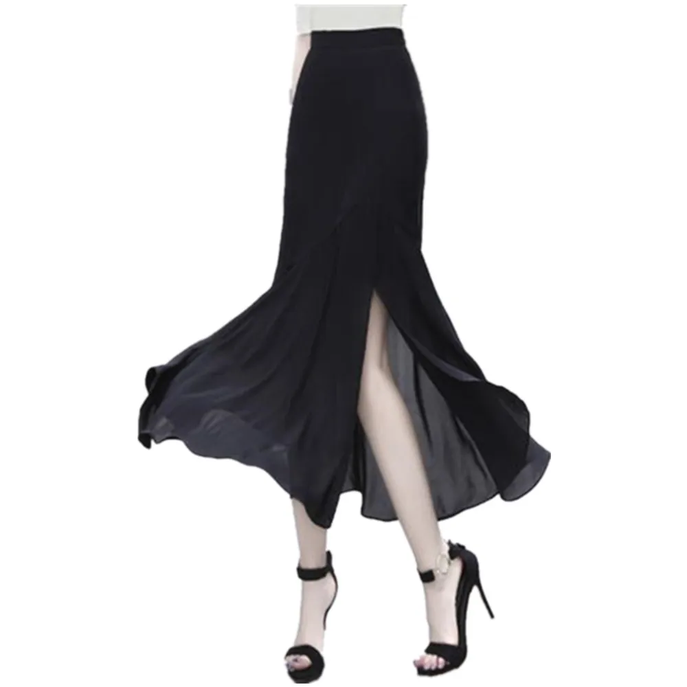 

Женская длинная юбка-годе с завышенной талией, черная шифоновая облегающая юбка-годе с разрезом, модель лето в Корейском стиле