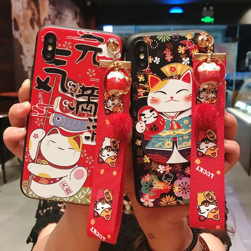 В японском стиле Lucky Cat 3D телефона с тиснением и изображением чехол для Samsung S10e S8 9 10