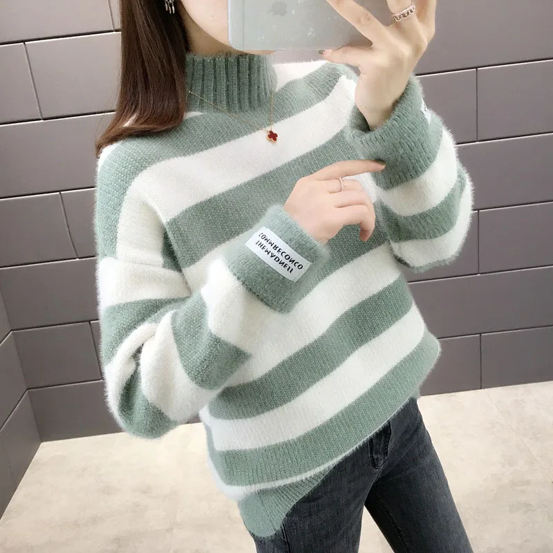 

Women Autumn Winter Knit Sweaters stripe Knit Female Pullovers Sweaters Fashion Long Sleeve Korean Half high collar sweater R385