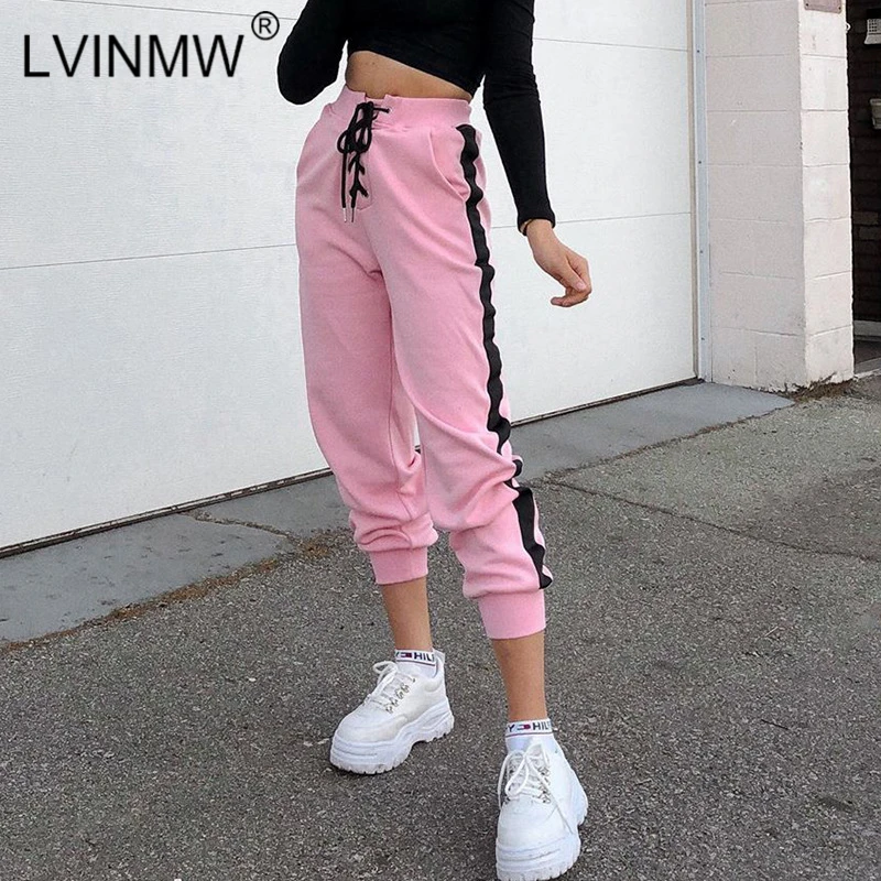LVINMW повседневные розовые штаны с высокой талией и полосками по бокам осень 2019