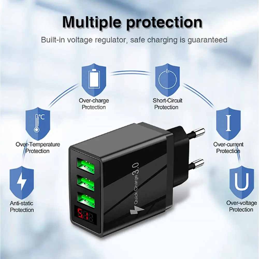 Сетевое зарядное устройство с 3 USB портами и поддержкой быстрой зарядки|Зарядные