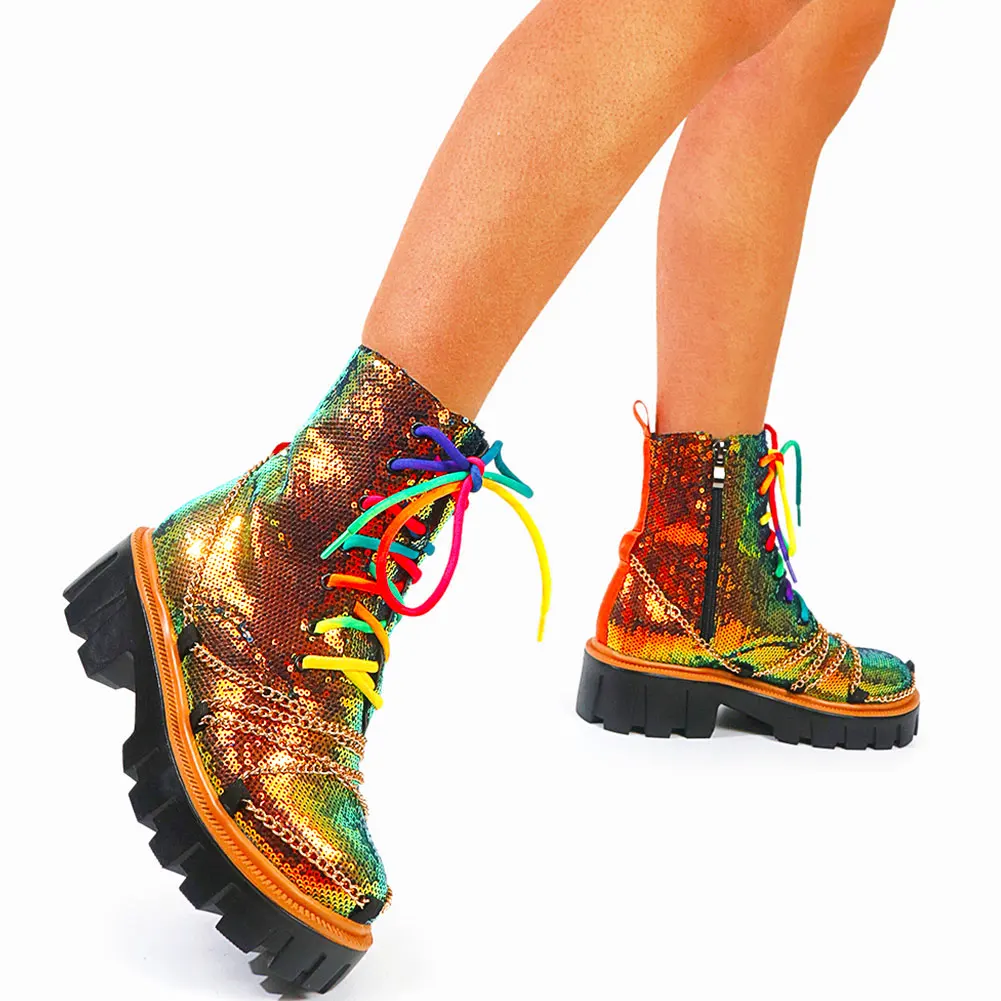 GIGIFOX New Mulcticolor Sequins Platform Goth Women's Motorcycle Boots Chunky Heel Brand Chains Punk Combat Shoes | Обувь