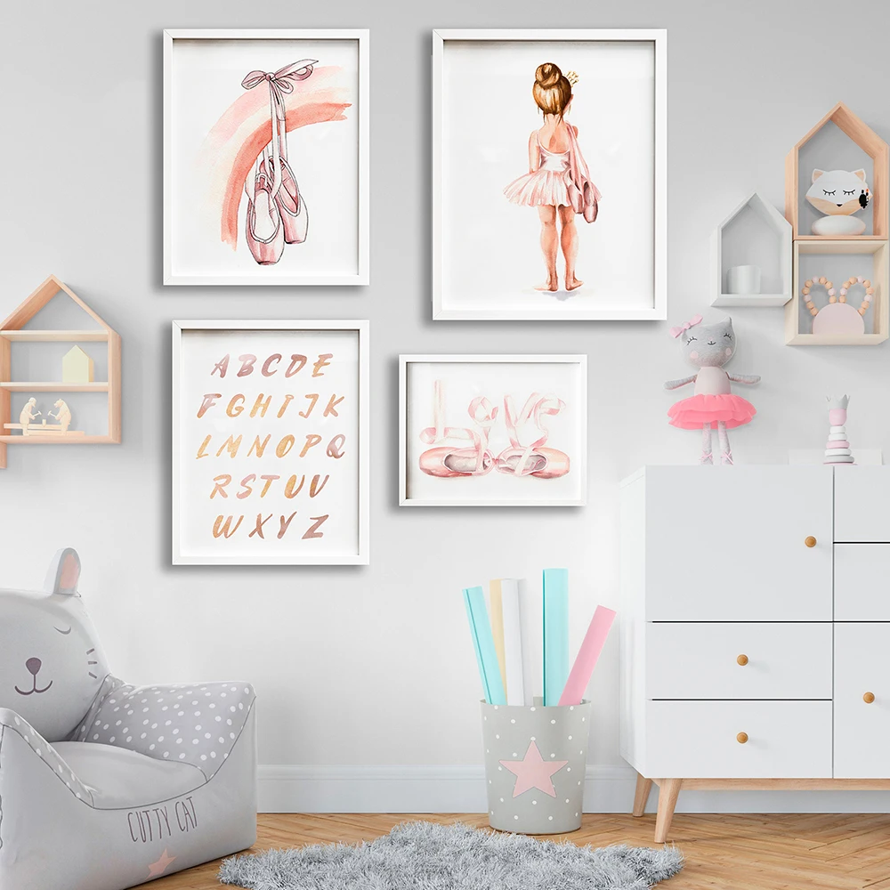 

Ballet Girls Shoes Princess Pink ABC Alphabet Wall Art Canvas Painting Nordic Posters And Prints Wall Pictures Kids Room Decor