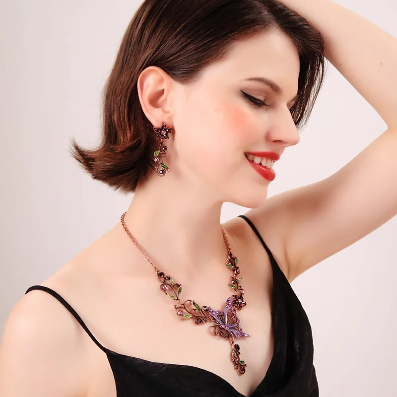 Fashion Necklace Jewelry Vintage Style Unique Crystal Enamel Butterfly Flowers Statement Earing For Women Set | Украшения и