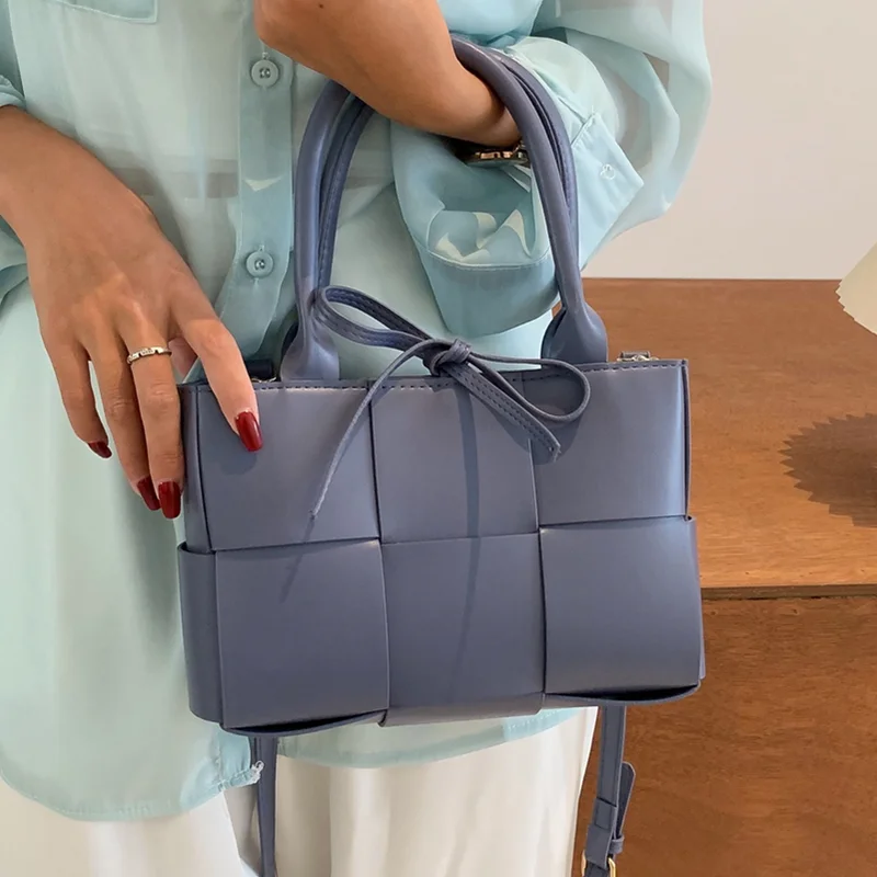 

Small Weave Tote Bags for Women Brand Designer Pu Leather Shoulder Bag Top Handle Handbag Ladies Solid Color Plaid Crossbody Bag