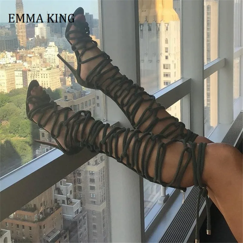 

Босоножки-гладиаторы женские на шнуровке, пикантные сандалии с открытым носком, на тонком высоком каблуке, лето