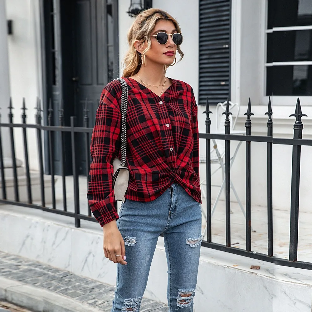 

spring autumn women's leisure office printed plaid long-sleeved shirt V-neck single-row button traf za платье рубашка trf топик