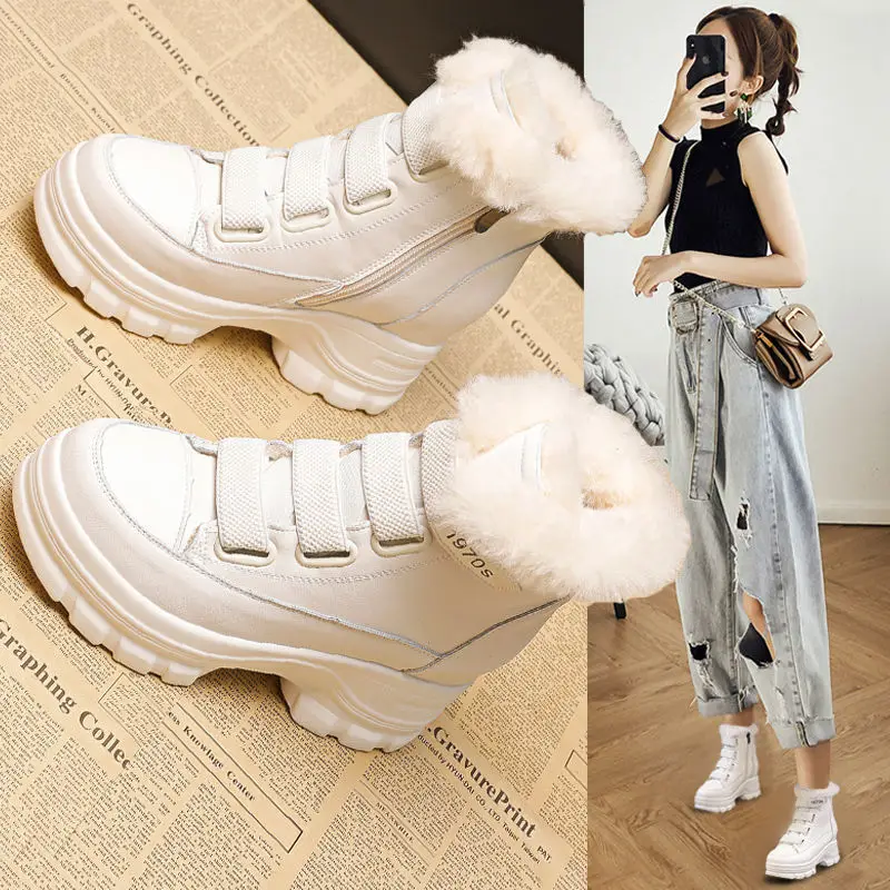 2021 New Winter Genuine Leather Elevator Snow Boots Women's Fleece-Lined Thick Quilted Martens Fur Cotton-Padded Shoes Velcro | Обувь