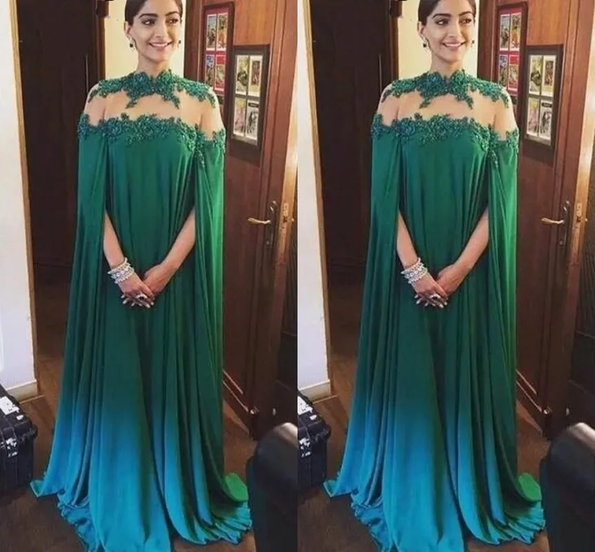 

Gorgeous Green Arabic Dubai Formal Evening Dresses 2021 Cap Sleeves High Neck Sheer Back Appliques Lace Vestido De Festa