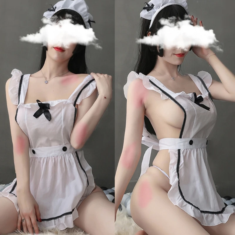 

Womens Sexy French Maid Cosplay Costume Lingerie Set Ruffled Sleeveless Apron Dress with Headband G-String Lolita Outfit