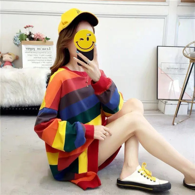 Женская толстовка в полоску смешная Толстовка Оверсайз Корейском стиле с