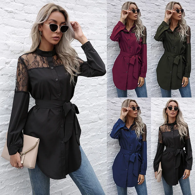 

Womens Tops 2021 Autumn Long O-Neck Cardigan Long Sleeve Black Lace Stitching Shirt Women Blouses Fall Fashion Clothes Woman