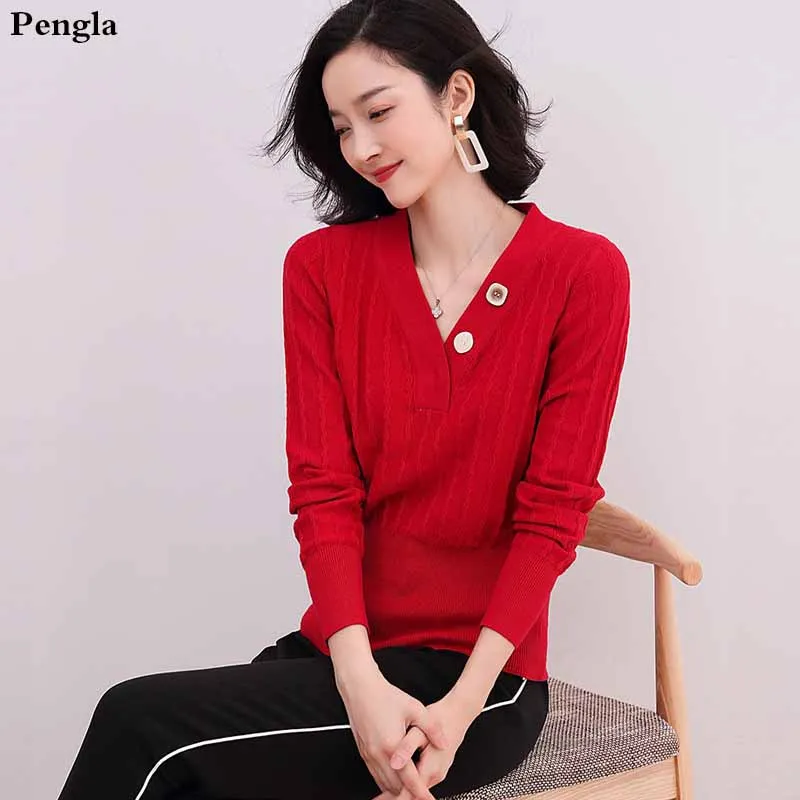 

Свитер женский трикотажный с V-образным вырезом, на пуговицах, Осень-зима, SR-T3153