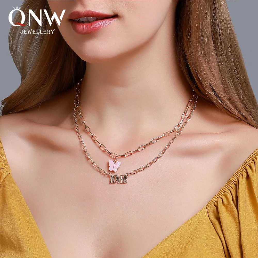 

Boho Acrylic Butterfly Necklaces for Women Fashion Gold Necklace Vintage Multiple Layer Letter Pendant Necklace Jewelry Gift