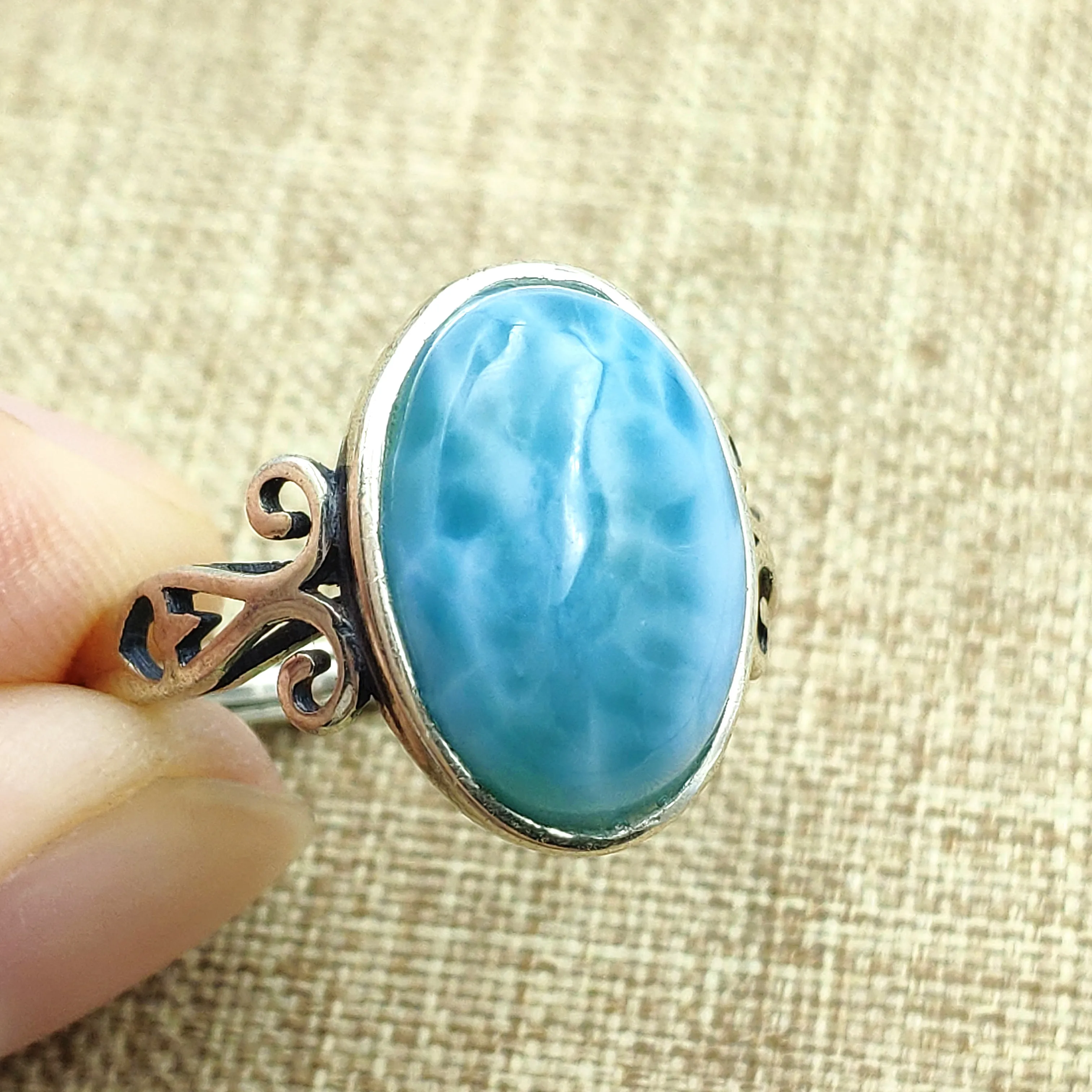 Кольцо с ларимаром из натурального синего серебра 925 пробы женское регулируемое