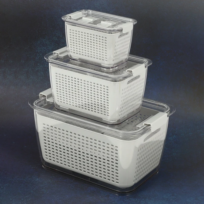 

3Pcs Set Kitchen Refrigerator with Lid Drain Fresh-Keeping Storage Box Fruit and Vegetable Drainage Fresh-Keeping Box