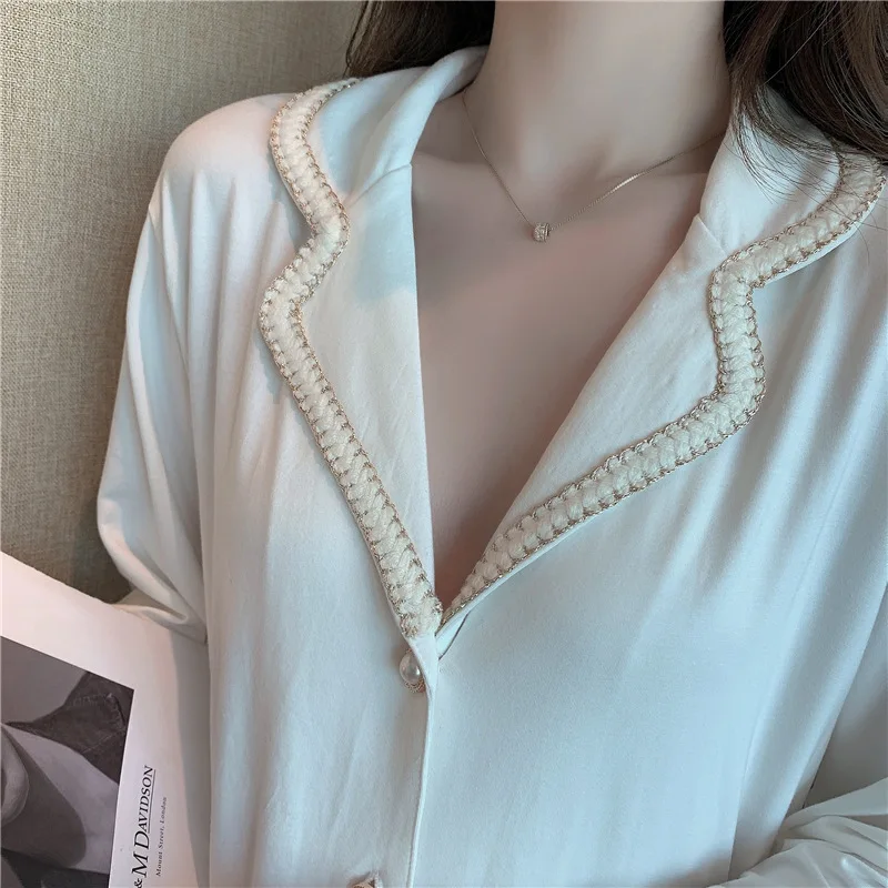 Pajamas Women Spring And Autumn New Style Modal Cotton Belt Pocket Comfortable Lapel Cardigan Long-Sleeved Trousers Suit Home