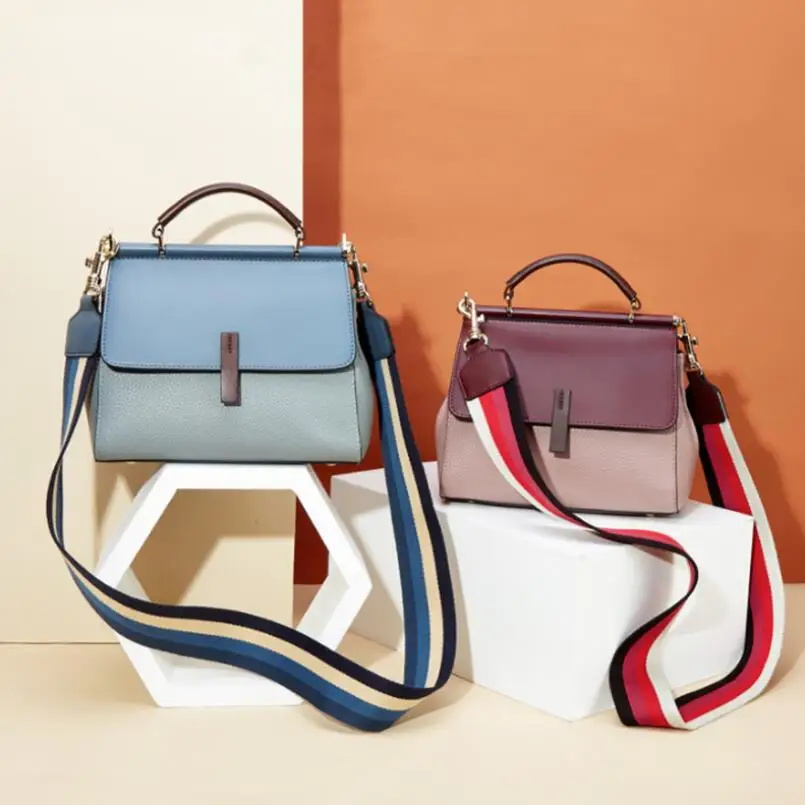 

Popular Contrast Color 100% Genuine Leather Women Handbags Fashion Stripe Wide Strap Ladies Shoulder Messenger Crossbody Bags