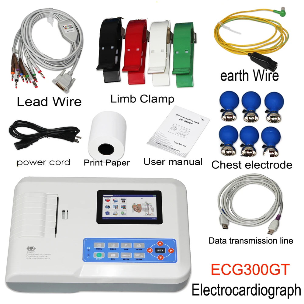 

ECG300GT 4.3" Touch Screen ECG Machine 3 Channel 12 Lead Digital Elektrokardiograph ECG Waveform Machine EKG Monitor PC Software