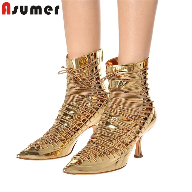 

ASUMER 2021 big size 43 ankle boots women pointed toe zip cross tied stiletto high heels party wedding shoes woman short boots