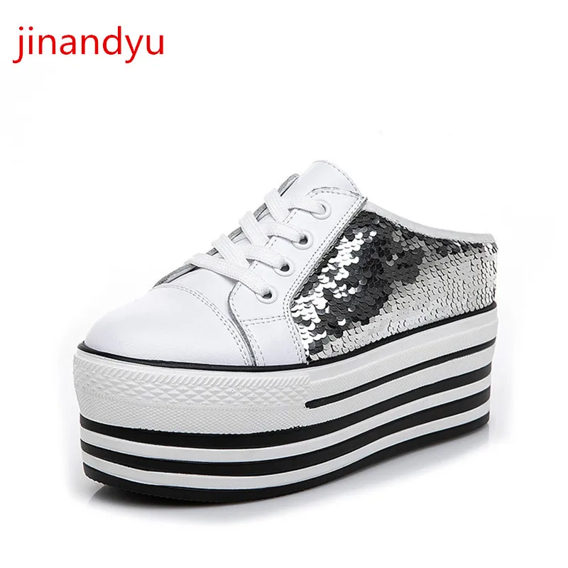 

Platform Sneakers Wedges Shoes for Women Heels Real Leather Woman Slippers Bling Sequin White Shoes for Ladies Female Sneaker