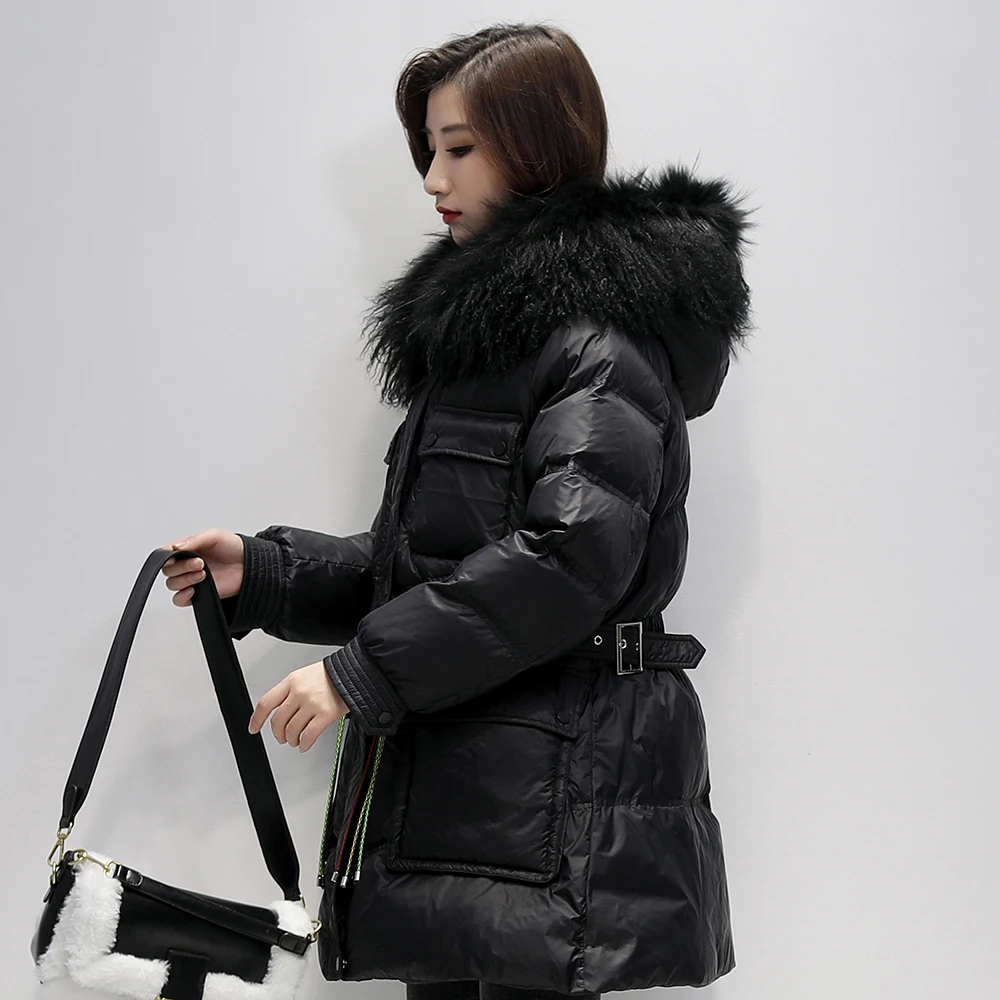

YAYA Thicken Down Jacket Women 2020 Real Raccoon Fur Collar Hooded Winter Causal Female White Duck Down Coat