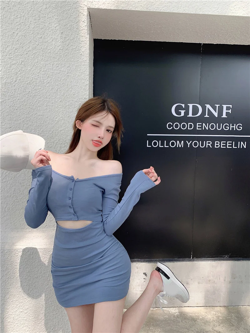 

Женское платье с открытыми плечами и длинными рукавами, синее облегающее платье с вырезами и обтягивающей Юбкой на бедрах, Новинка осени 2021