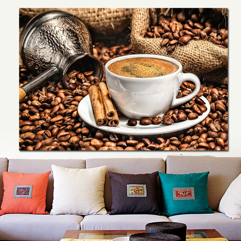 Картина на холсте для кухни настенное искусство ароматная кофейная чашка и зерна