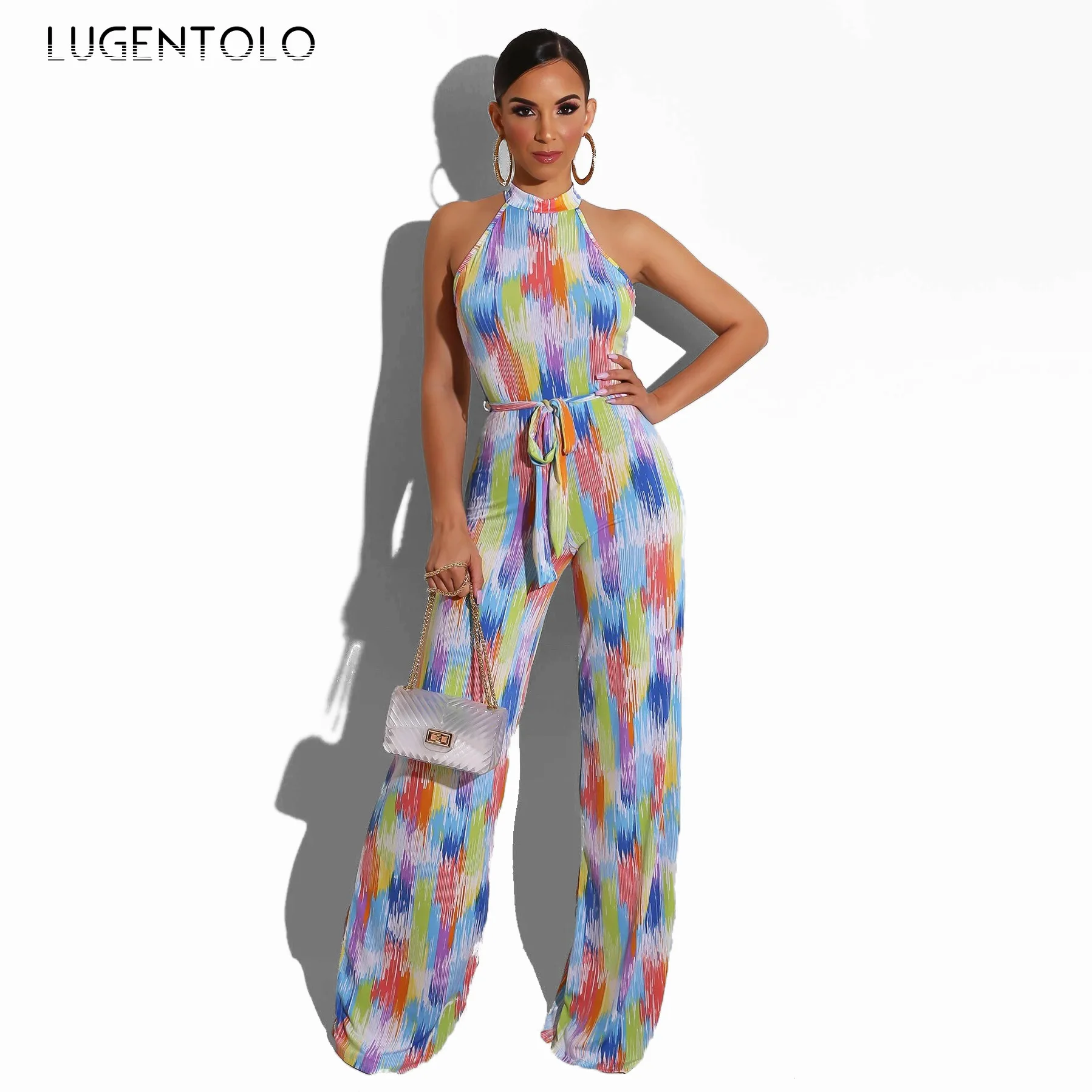 

Элегантный женский комбинезон, без рукавов, сексуальные, с лямкой на шее с завышенной талией в полоску с узором в точку, для девушек, Высокая ...