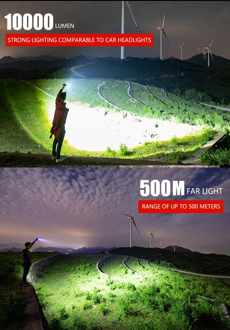 

Powerful LED Flashlight 10000Lm Most Brightest XHP70 Torch 6 Modes USB Rechargeable Tactical Flashlights Use 18650 Battery