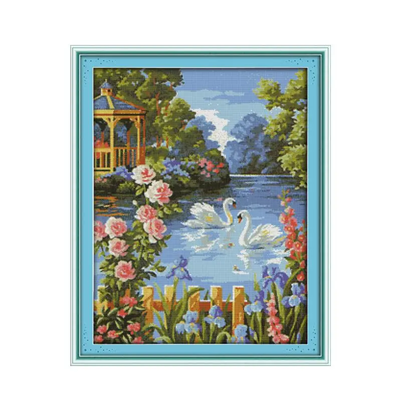 

Swan lake (3) cross stitch kit lanscape garden 14ct 11ct count printed canvas stitching embroidery DIY handmade needlework